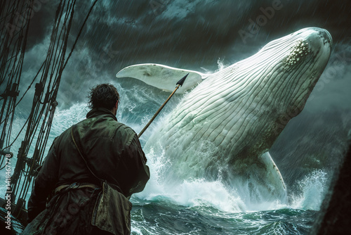 Harpooner on a whaling ship confronts a white whale, raining, storm