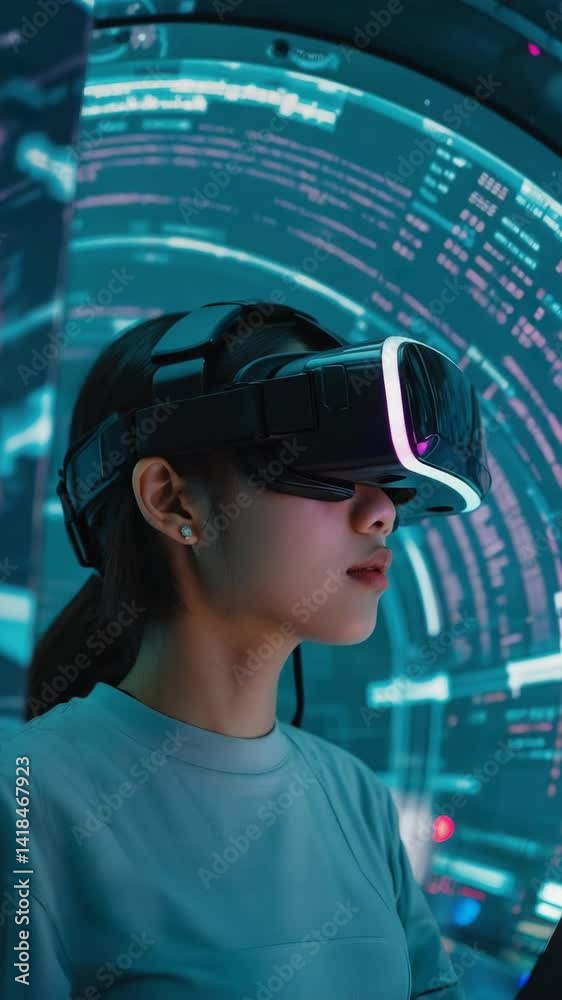 Focused woman exploring digital realm wearing VR headset in a futuristic technology environment with immersive visuals and data streams. Focused woman exploring digital realm wearing VR headset in a futuristic technology environment with immersive visuals and data streams.