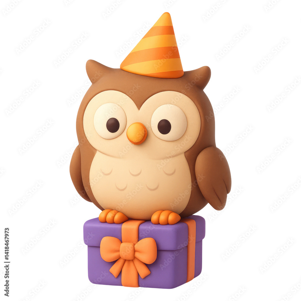 Fototapeta premium Adorable Cartoon Owl Wearing Party Hat on Gift Box 3D Illustration, isolated on transparent background