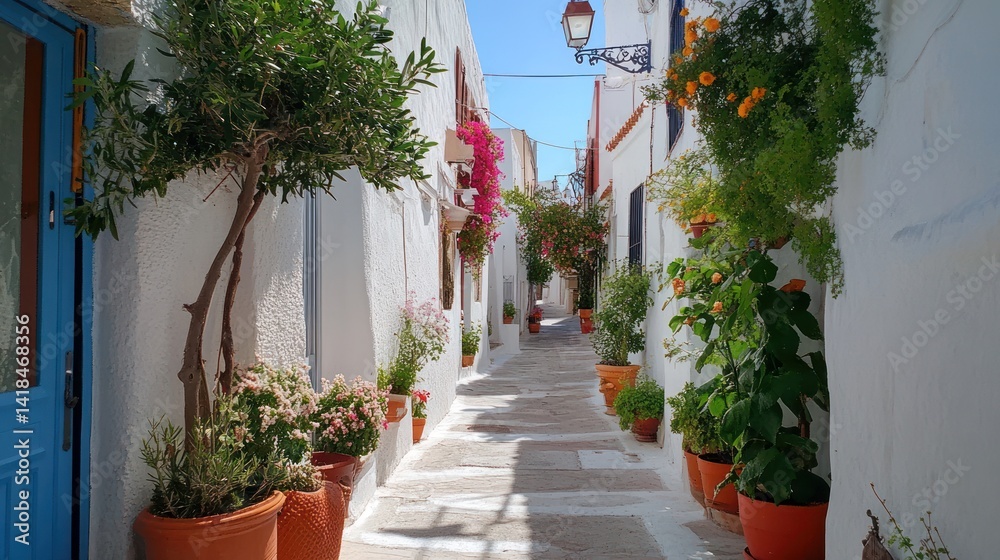 Fototapeta premium A narrow white alleyway lined with potted plants and greenery