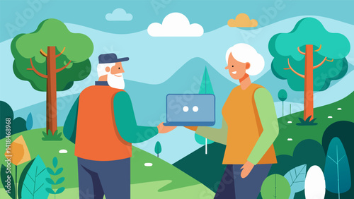 In a virtual walk and talk session seniors take a leisurely stroll through a beautiful virtual forest while exchanging advice and wisdom about aging. Vector illustration