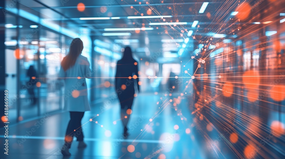Fototapeta premium Silhouette of woman with vr headset and arms raised in a tunnel with neon lights and bright colors all around