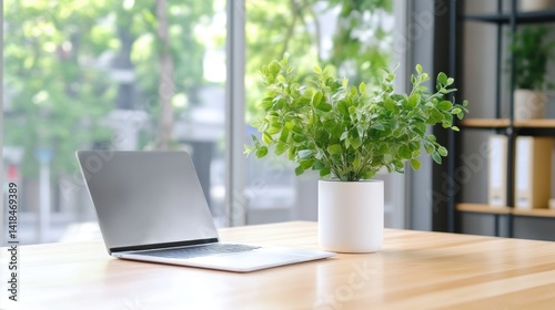 Modern workspace with laptop and plant. A minimalist office desk setting featuring a laptop computer and a small potted plant, situated in front of a large window.