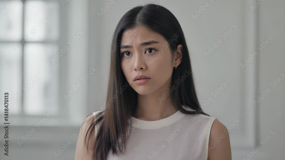 Close-up studio shot of a thoughtful young woman with long dark hair, wearing a casual white top and standing in front of a bright window. Close-up studio shot of a thoughtful young woman with long dark hair, wearing a casual white top and standing in front of a bright window.