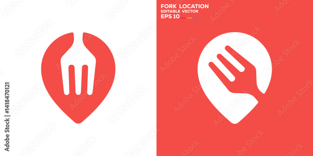 Obraz premium Fork and map pin logo. Location, restaurant, food. Vector icon symbol design template EPS 10.
