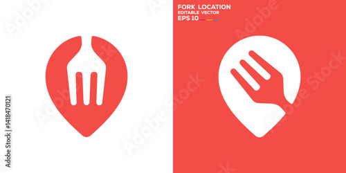 Fork and map pin logo. Location, restaurant, food. Vector icon symbol design template EPS 10.