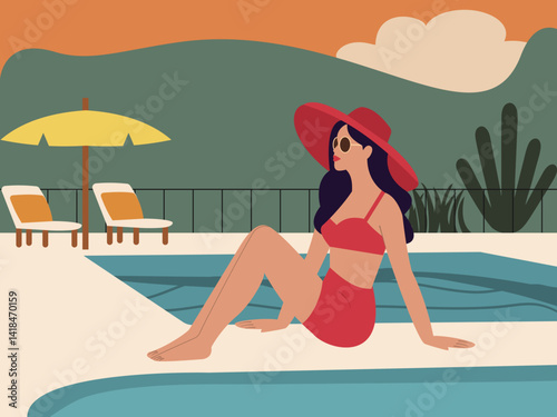 Woman in red bikini sitting by the pool