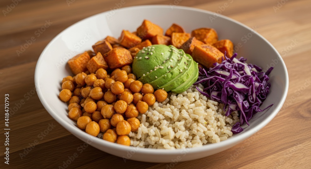 Bowl with sweet potato chickpeas avocado red cabbage and quinoa on wood surface. Bowl with sweet potato chickpeas avocado red cabbage and quinoa on wood surface.