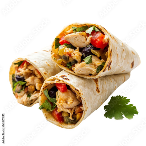 taco mexican tortilla wrap with chicken isolated on white background