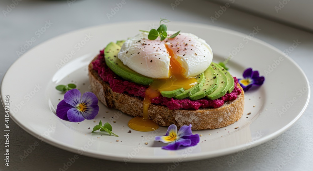 Toast with avocado beetroot and poached egg decorated with flowers on plate. Toast with avocado beetroot and poached egg decorated with flowers on plate.
