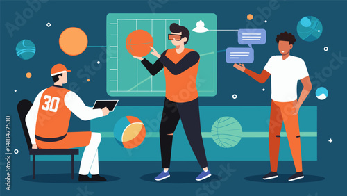 Coaches use the VR basketball training program to analyze players movements and provide personalized feedback for improvement.. Vector illustration
