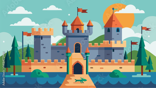 A medieval castlethemed course with drawbridges moats and dragonshaped obstacles to overcome.. Vector illustration
