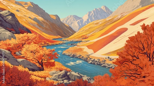 Golden canyon vista River winds between autumnhued mountains photo
