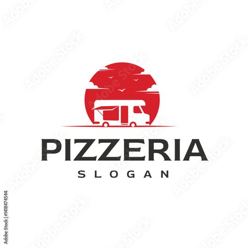 RV Caravan Car Silhouette Logo Design with Sunset for Pizzeria Car Logo Design