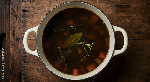 Cozy Homemade Stock Simmering In A Dutch Oven Displayed On Rustic Wood Surface