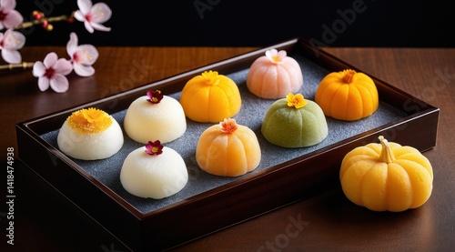 Elegant Japanese mochi adorned with delicate cherry blossoms sit on a stylish black plate, surrounded by pink sakura blooms, capturing a refined culinary presentation