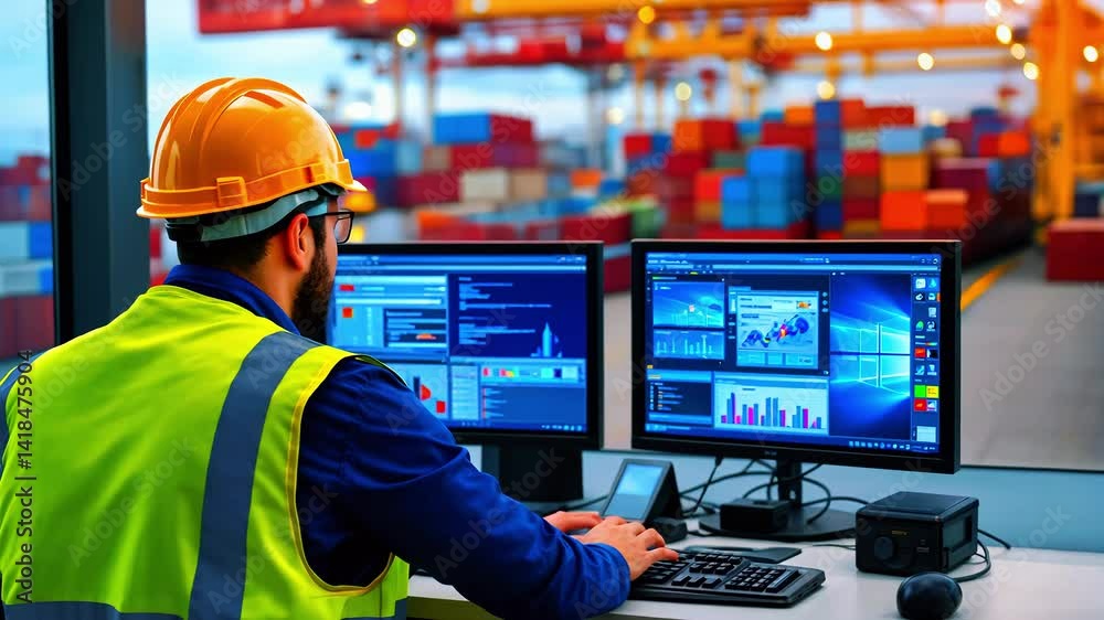 Warehouse worker analyzing shipping data on multiple screens with colorful containers in background Warehouse worker analyzing shipping data on multiple screens with colorful containers in background