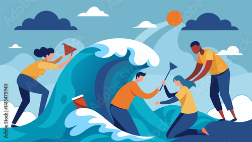 A theme emerges as several participants paint images of waves crashing against rocks representing their struggles and the idea of finding strength in. Vector illustration