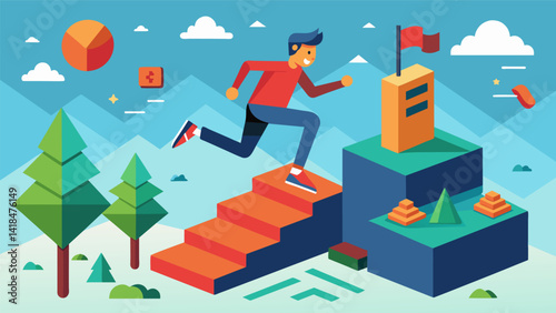 A virtual parkour game that allows users to customize their own courses and challenges providing endless possibilities for improving their physical. Vector illustration