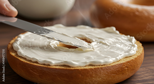 Bagel Being Spread With Cream Cheese For A Tasty Morning Breakfast