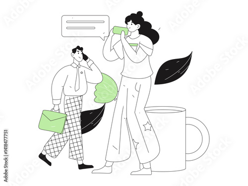 Virtual characters social communication concept business flat vector hand drawn illustration
