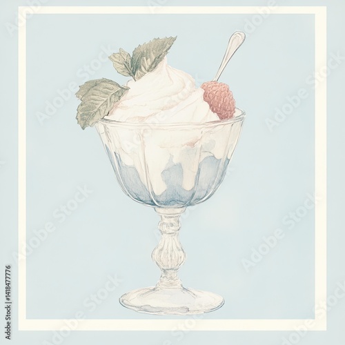 Elegant dessert in crystal glass with whipped cream, raspberry, and mint garnish