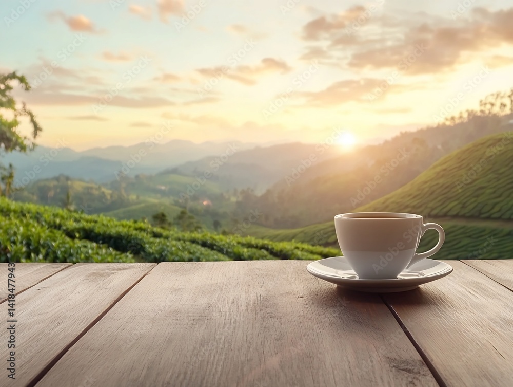 Sunrise Tea Plantation View with Coffee Cup on Wooden Table Sunrise Tea Plantation View with Coffee Cup on Wooden Table