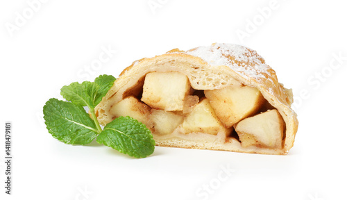 Piece of tasty apple strudel with powdered sugar and mint isolated on white