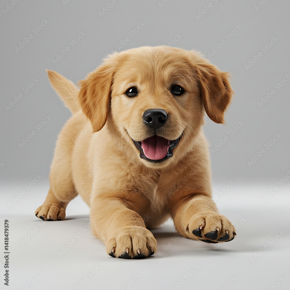 Golden Retriever Puppy Joyfully Pouncing Forward with Radiant Smile on Neutral Backdrop Golden Retriever Puppy Joyfully Pouncing Forward with Radiant Smile on Neutral Backdrop