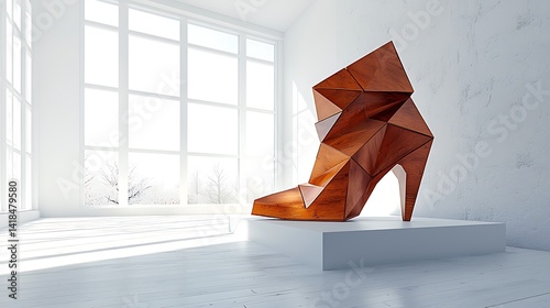 Geometric wooden high-heel boot sculpture in a minimalist white room.