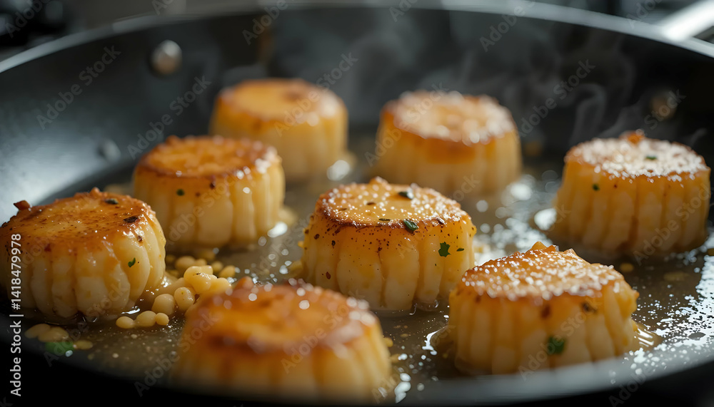 Cooking Scallops in Pan Sizzling Seafood Dish Cooking Scallops in Pan Sizzling Seafood Dish