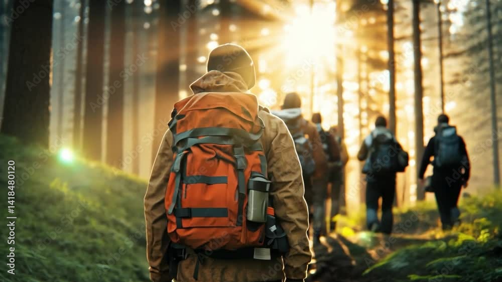 Journey Through the Wilderness: A group of hikers embark on an inspiring adventure, venturing deep into a sun-drenched forest, embodying the spirit of exploration and the allure of the open trail. Journey Through the Wilderness: A group of hikers embark on an inspiring adventure, venturing deep into a sun-drenched forest, embodying the spirit of exploration and the allure of the open trail.