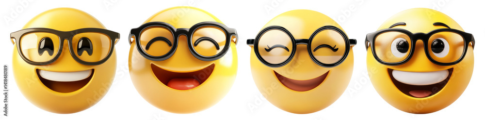 Happy Emoticons with Glasses Displaying Joyful Expressions, Isolated on Transparent Background Happy Emoticons with Glasses Displaying Joyful Expressions, Isolated on Transparent Background