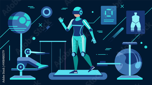 A showcase of futuristic VR fitness equipment such as fullbody motion sensors and haptic feedback suits.. Vector illustration