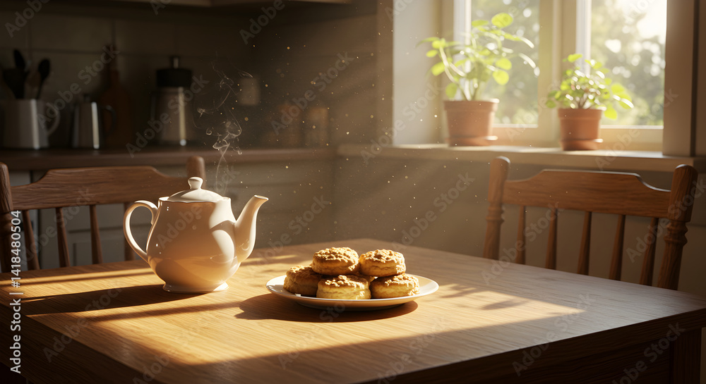 Rustic Morning Still Life Teapot And Scones Bathed In Golden Sunlight Rustic Morning Still Life Teapot And Scones Bathed In Golden Sunlight