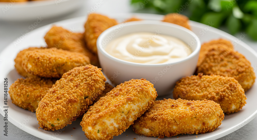 Golden Halloumi Fries Served With Creamy Dip on a White Plate Golden Halloumi Fries Served With Creamy Dip on a White Plate
