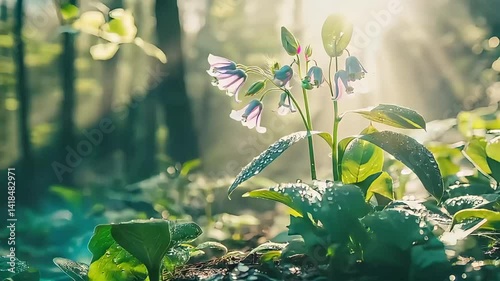 Delicate fairy bells bloom amidst the dewy forest light in early morning