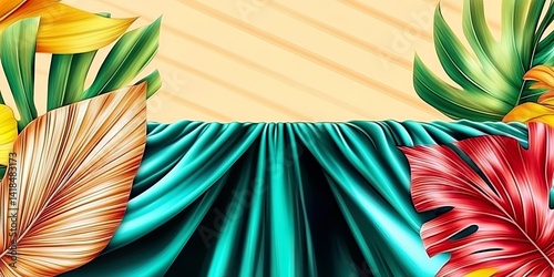 Vibrant tropical leaves with teal drape and striped background