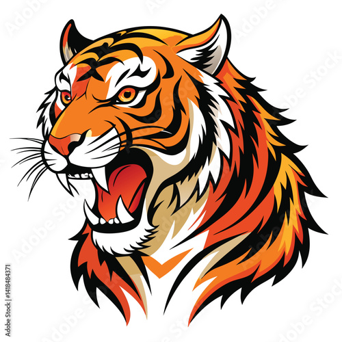 A majestic tiger with vibrant orange and black stripes roars fiercely, displaying its sharp teeth against a bright white background.