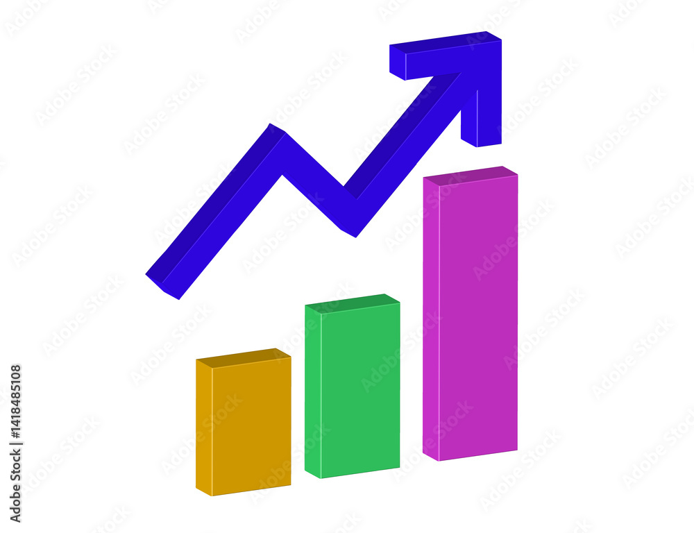 3D illustration of a blue arrow pointing upwards is above three colorful bars. The bars are of different colors and are arranged in a way that they look like a graph. Concept of growth and progress, a 3D illustration of a blue arrow pointing upwards is above three colorful bars. The bars are of different colors and are arranged in a way that they look like a graph. Concept of growth and progress, a