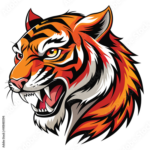 A majestic tiger with vibrant orange and black stripes roars fiercely, displaying its sharp teeth against a bright white background.