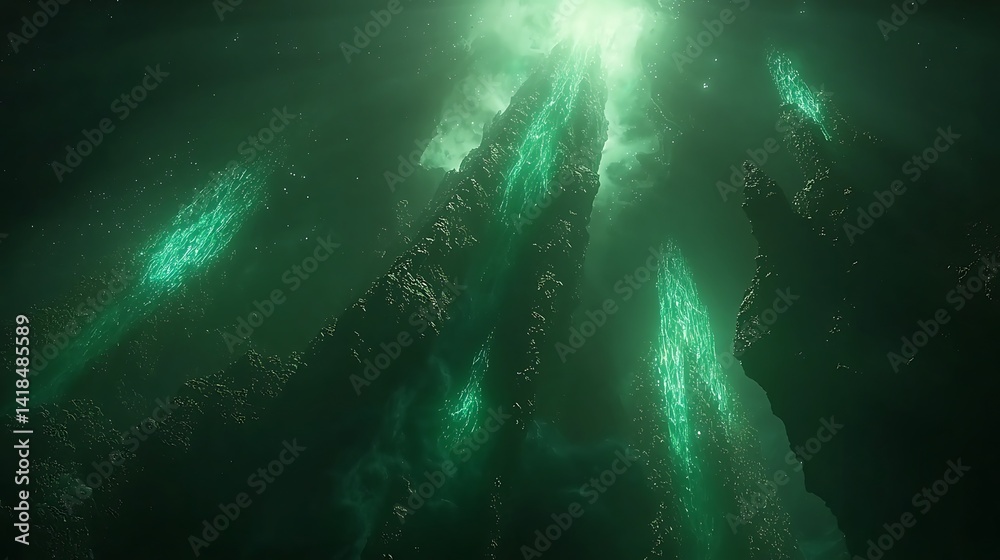 Ethereal green energy glows within dark cavernous rock formations. Ethereal green energy glows within dark cavernous rock formations.