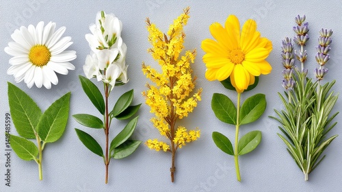 Daisy White Flowers Goldenrod and Lavender Floral Still Life on Gray Background