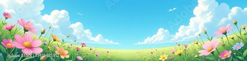 A serene pastel anime meadow with blooming wildflowers under a clear blue sky, dreamy, meadow, anime