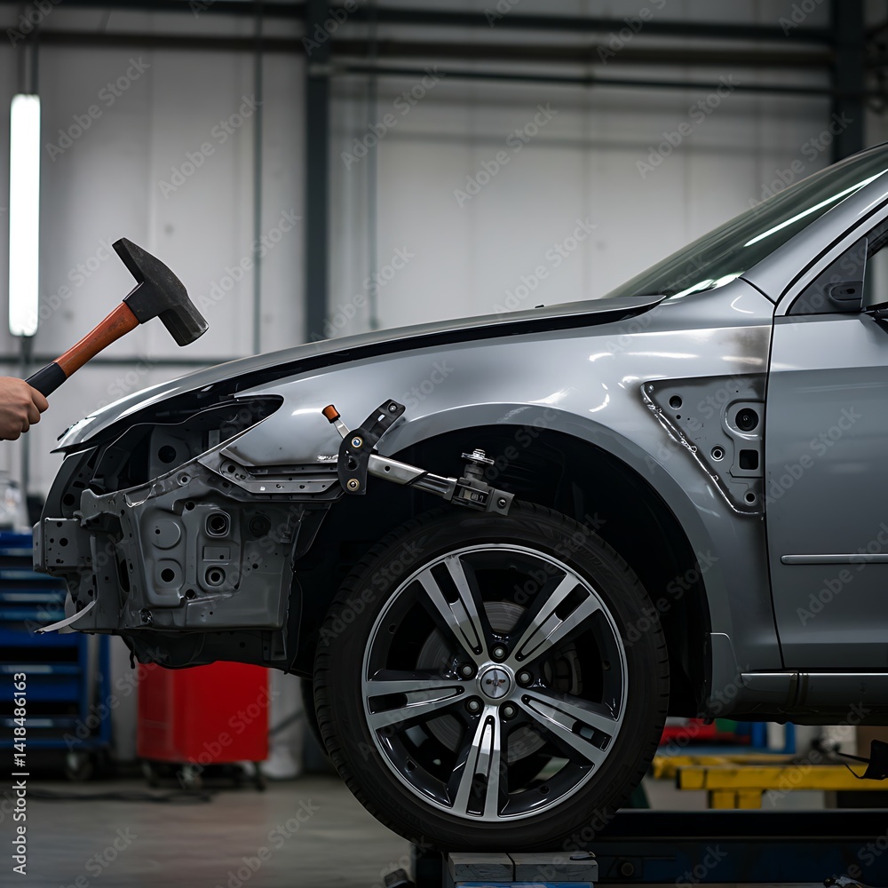 Fototapeta premium Auto body technician repairs vehicle damage using hammer at automotive repair shop