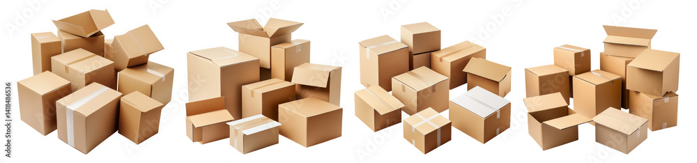 Various Brown Cardboard Boxes Stacked in Different Arrangements, Isolated on Transparent Background Various Brown Cardboard Boxes Stacked in Different Arrangements, Isolated on Transparent Background