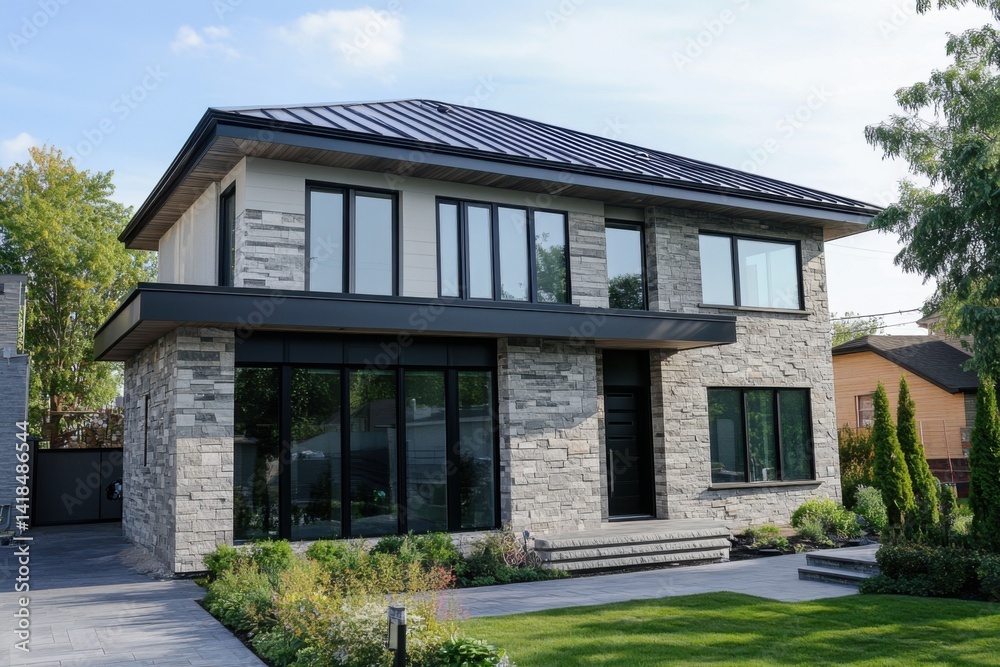 Modern residential building with stone exterior and large windows, surrounded by landscaped garden in a suburban neighborhood on a sunny day Modern residential building with stone exterior and large windows, surrounded by landscaped garden in a suburban neighborhood on a sunny day