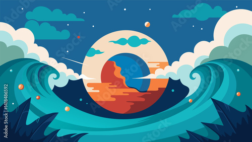 A poetic ode to the ocean its vastness and power a reminder of our place in the grand scheme of nature.. Vector illustration