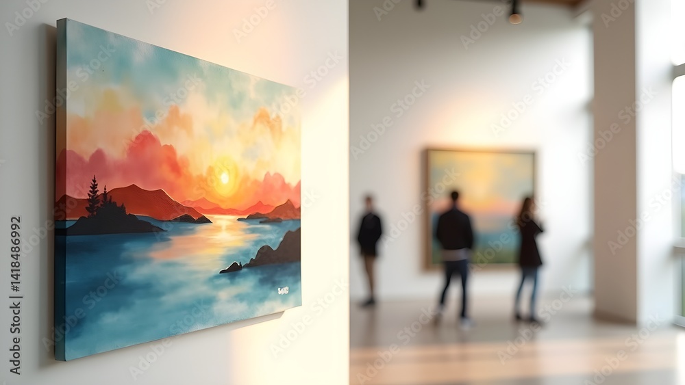 Obraz premium Artwork of a vibrant sunset seascape scene displayed in a bright gallery setting.