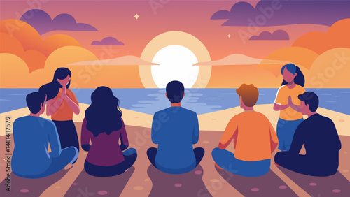 As the sun sets over the horizon a group of friends and strangers sit in a circle on the beach sharing heartfelt prayers and intentions.. Vector illustration